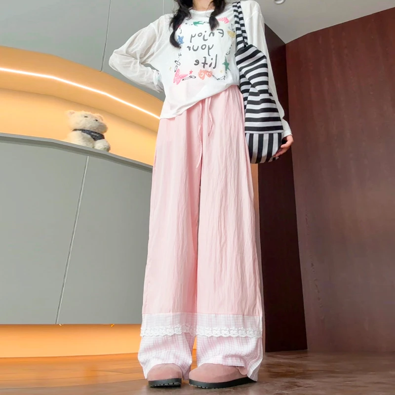 甜系蕾丝花边拼接阔腿裤女夏季薄款高腰休闲慵懒肌理感直筒长裤