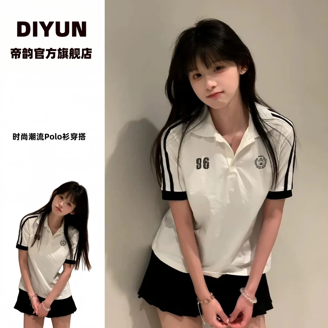 美式正肩翻领短袖t恤女夏季纯棉运动polo衫学院风宽松休闲上衣潮