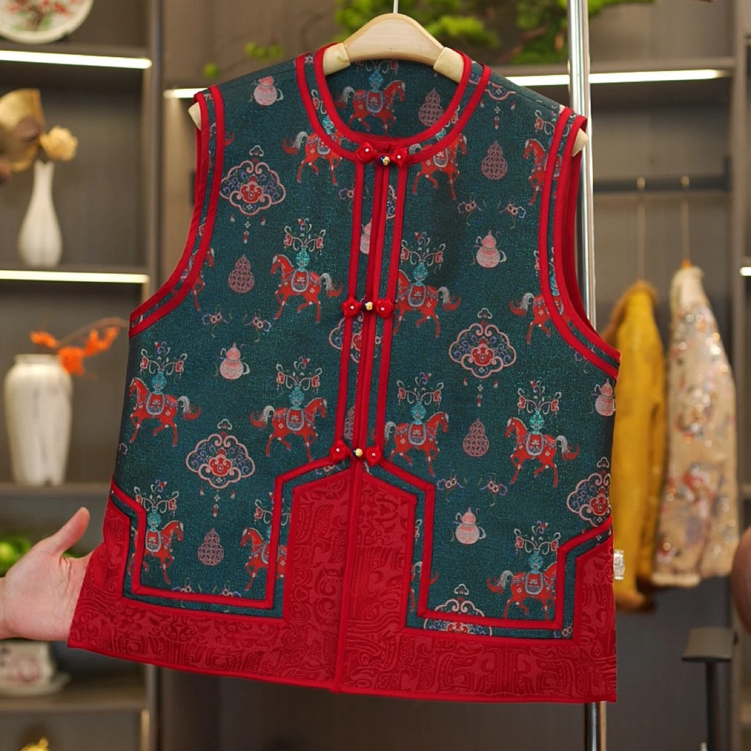 【马年限定-新春款】新中式重磅35姆米宋锦拼接国风马甲女