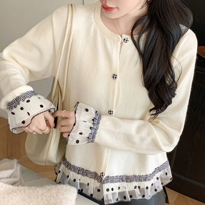 法式波点格子木耳边拼接甜美针织衫女秋冬温柔感毛衣开衫上衣外套