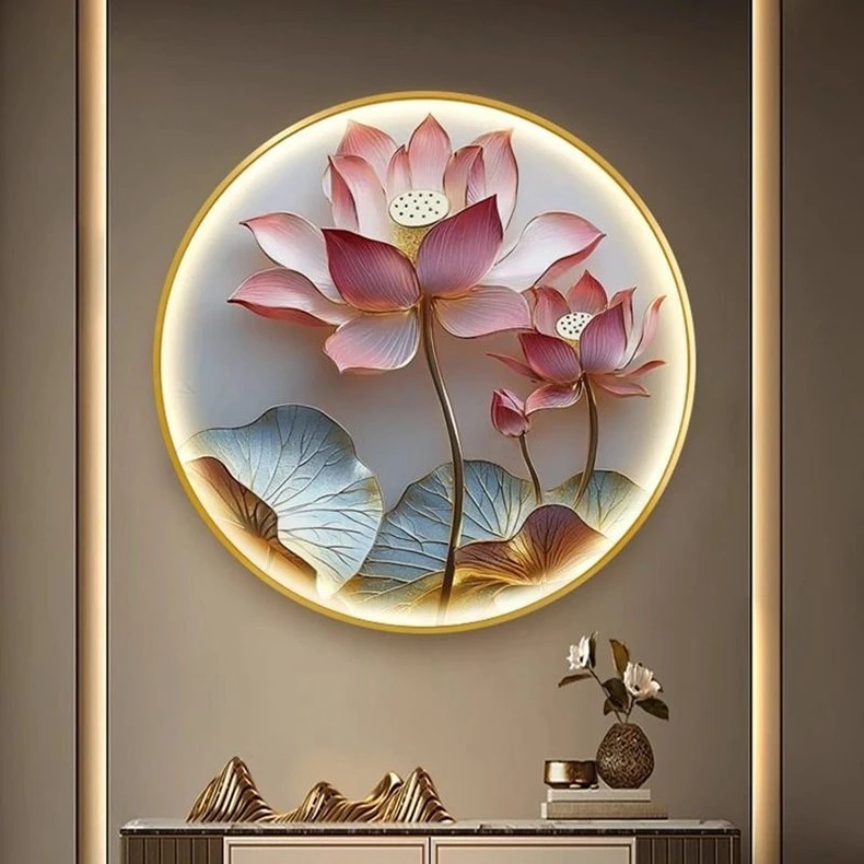 荷花厕所净秽图餐厅挂画新中式圆形玄关装饰画客厅走廊LED灯壁画