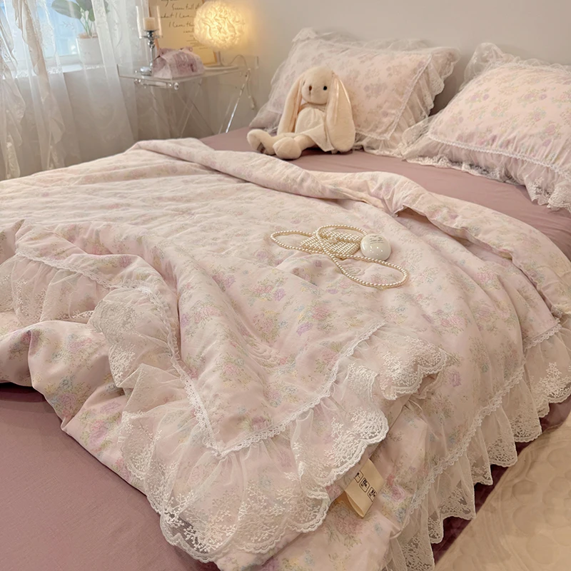 法式全棉双层纱花边夏被公主风纯棉夏凉被单双人可机洗空调被子