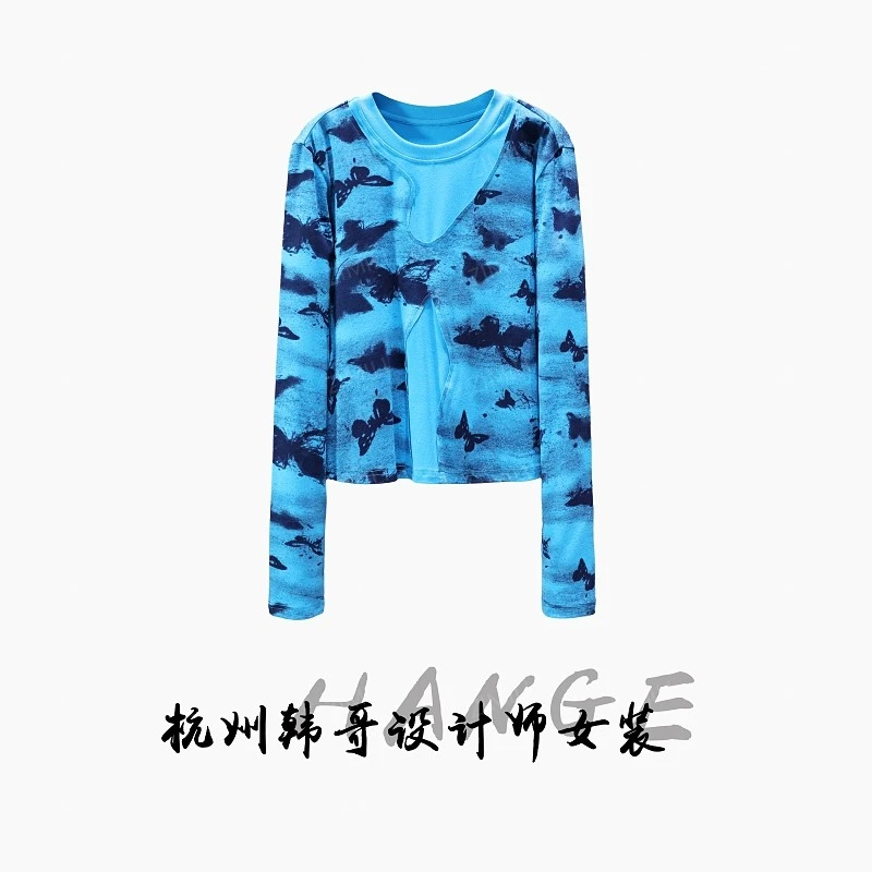 【韩哥女装】2025秋冬新品《沧海》孔雀蓝蝴蝶水墨印花打底衫6250