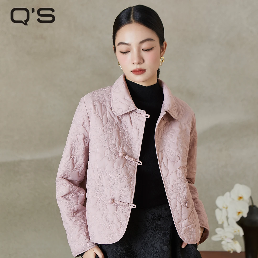 qs秸熙2025秋冬新款复古轻国风盘扣棉服女绣花轻薄小个子短款外套