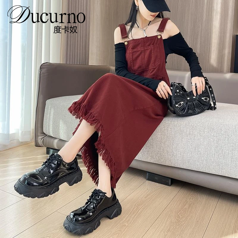 安可拉红开叉牛仔背带裙女夏夏新款韩版显瘦减龄流苏中长款连衣裙