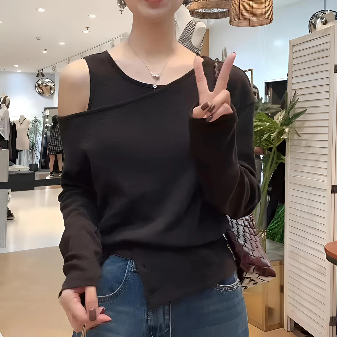 韩系设计侧露肩假两件T恤2025早秋爆款巧克力棕复古洋气长袖上衣