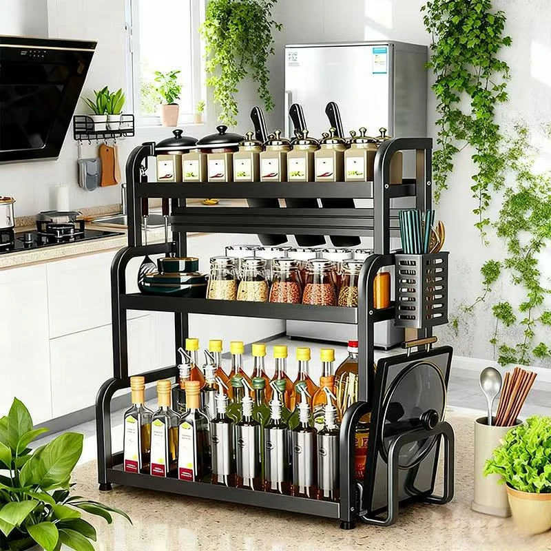 玖岸黑色厨房置物架多功能架用品刀筷子收纳家用多层储物架落地式