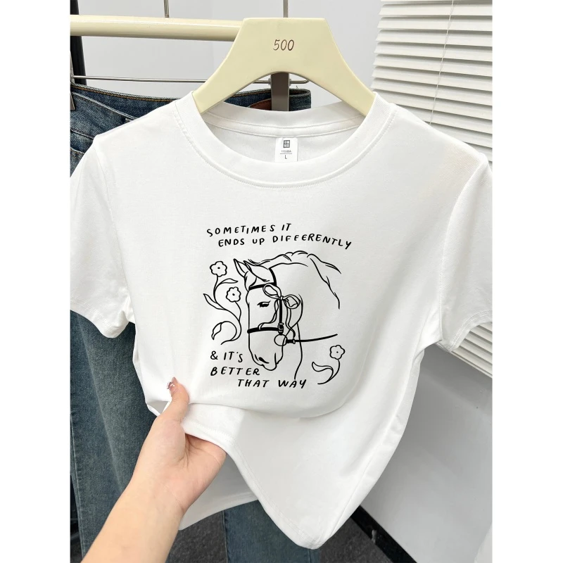 小马印花圆领正肩短袖t恤女2026新款胖mm显瘦大码休闲设计感上衣