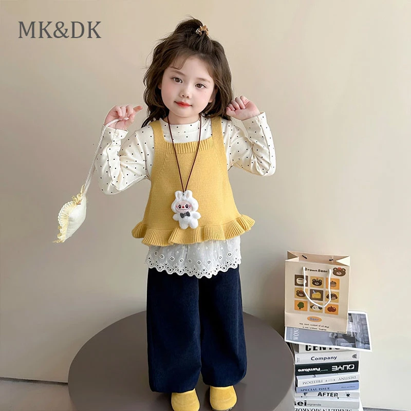 MK&DK女童秋装套装2025新款洋气时尚儿童衣服宝宝针织马甲三件套
