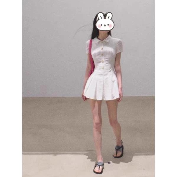 白色短袖衬衫连衣裙女夏季初恋小白裙收腰a字短裙