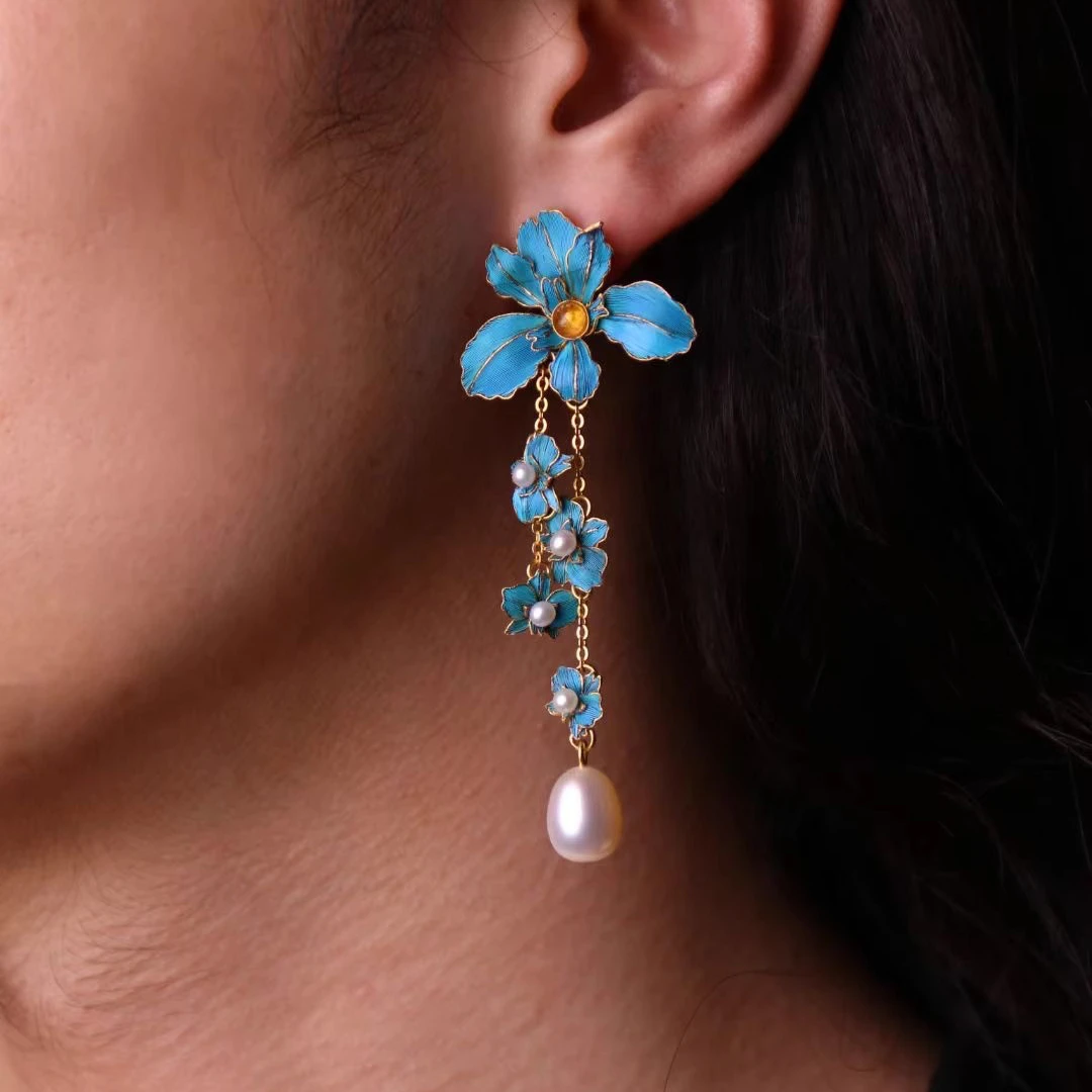仿珍珠耳饰复古仿点翠烧蓝鸢尾花流苏耳坠耳钉小众新中式长