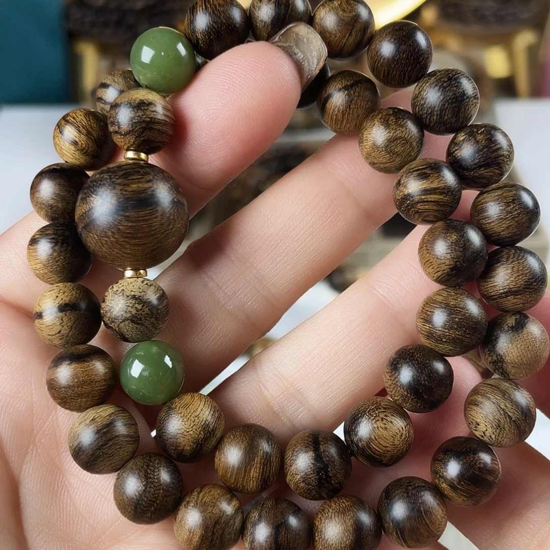 沉香手串越南芽庄老白棋玉化老料瘤疤虎斑1.0