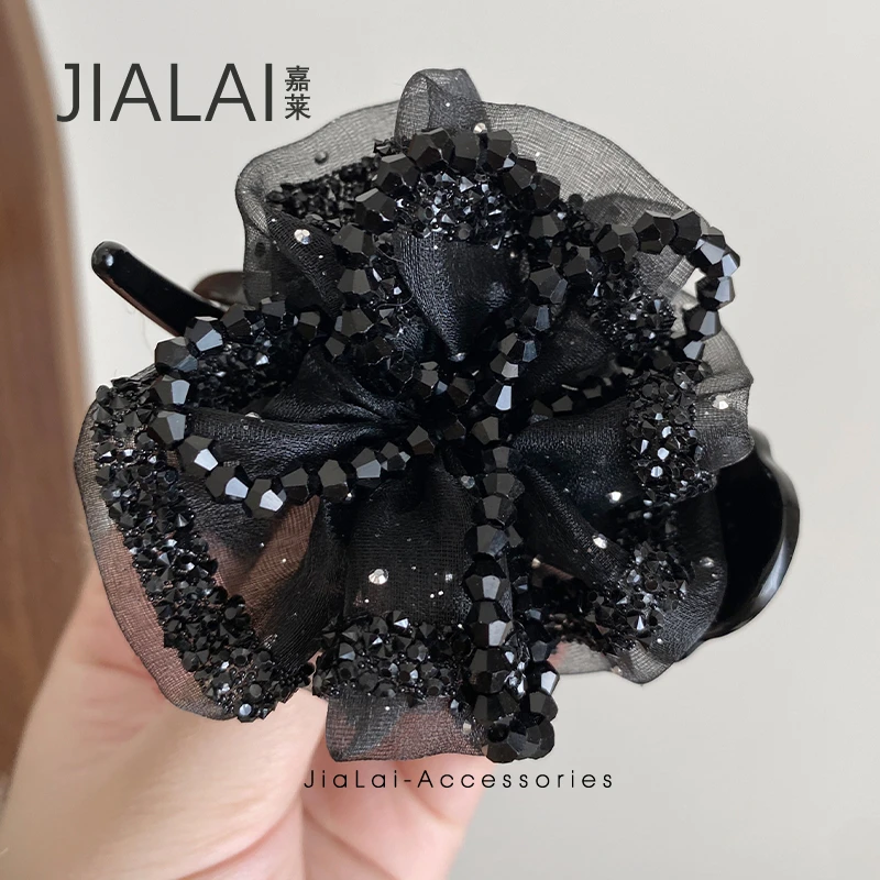 精致黑玫瑰丸子头夹女后脑勺低马尾盘发鲨鱼夹头饰复古网纱发夹子