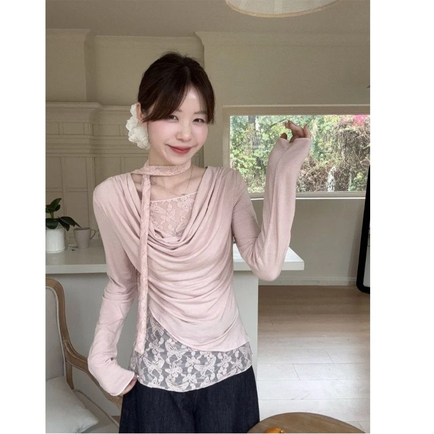 MR【人棉】法式甜美风蕾丝拼接假两件荡领长袖T恤女春秋显瘦打底