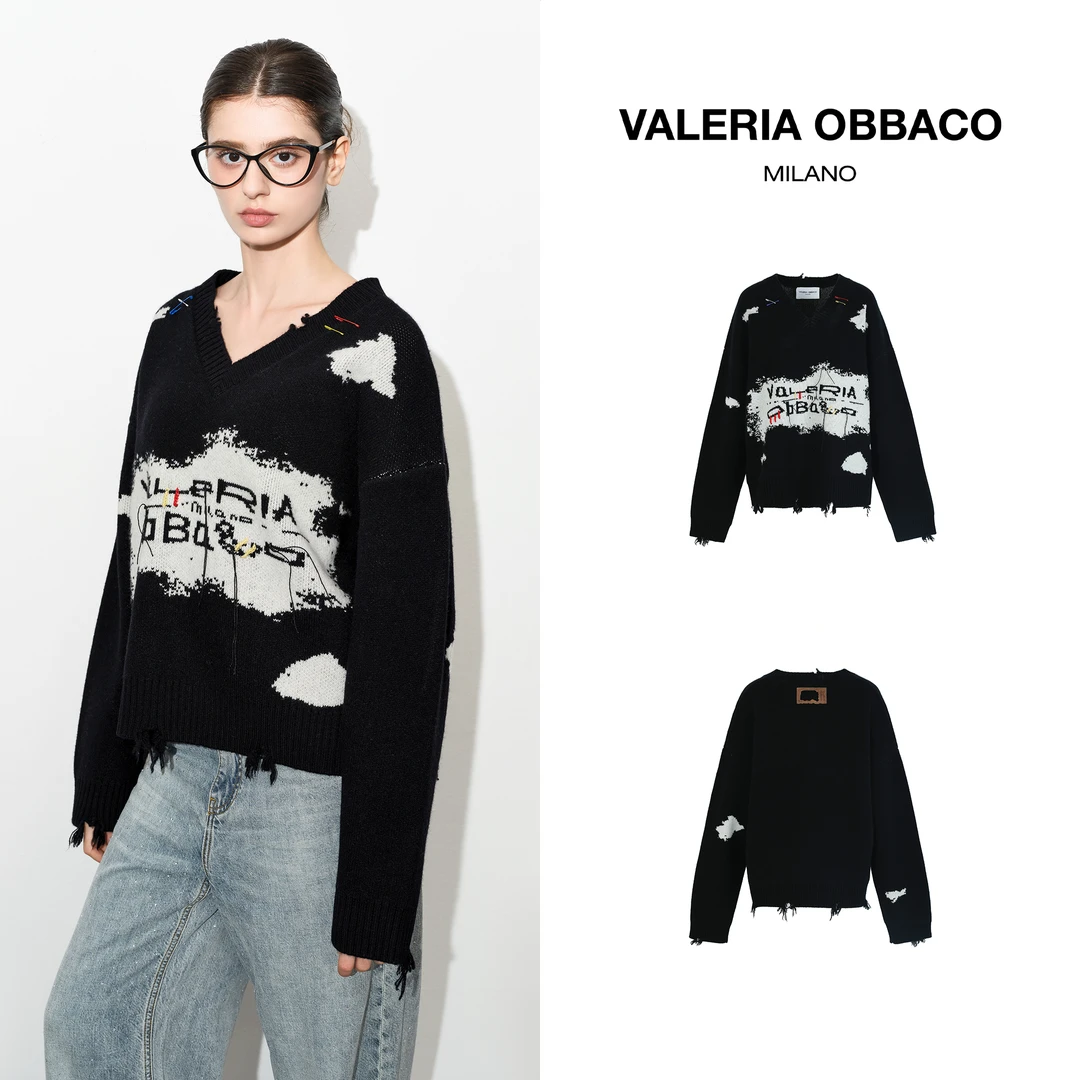 VALERIAOBBACO/瓦莱丽娅 奥贝科VO羊毛泼墨提花针织毛衣