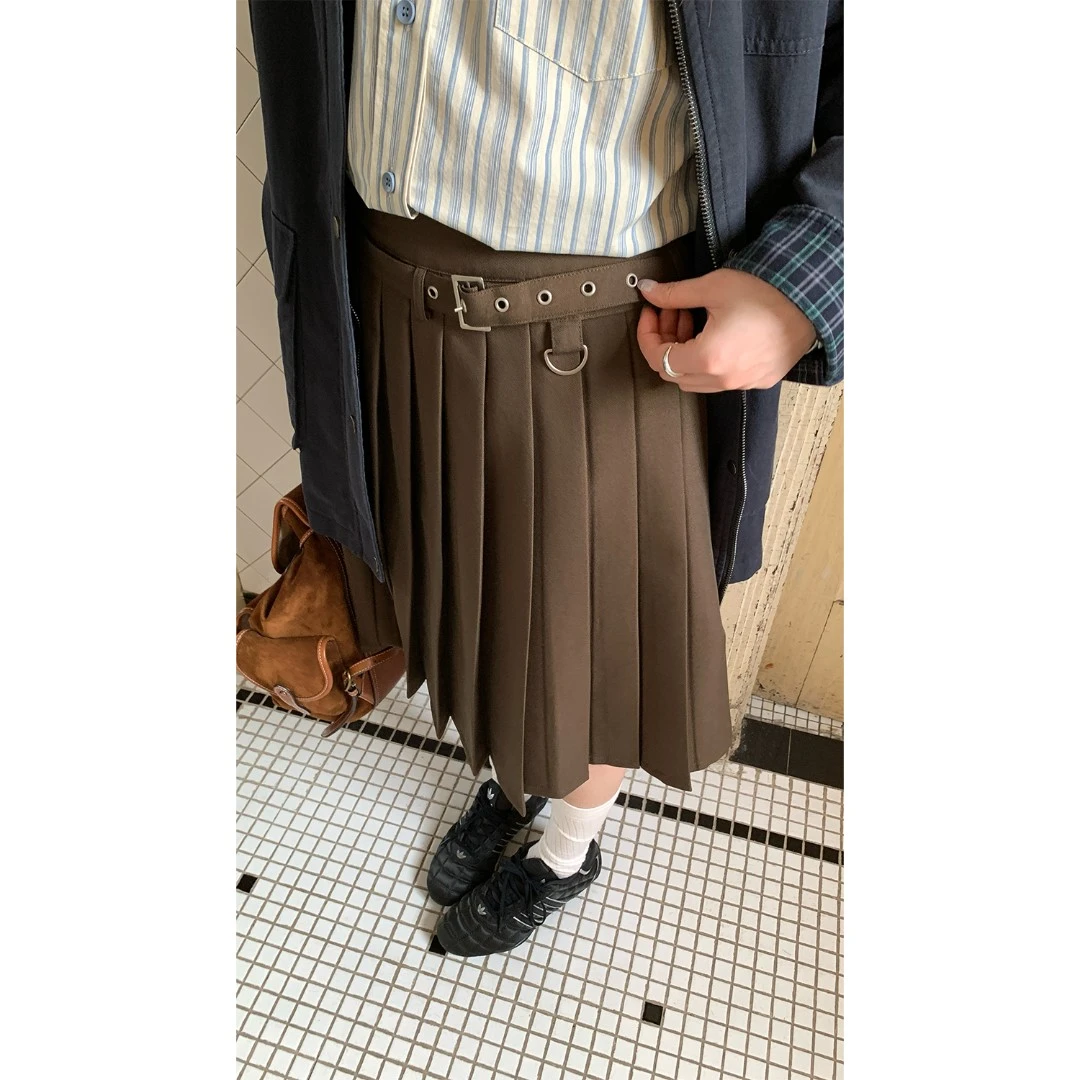 RAINY 学院风百搭百褶裙春秋女宽松a字高腰短款纯色腰带半身裙