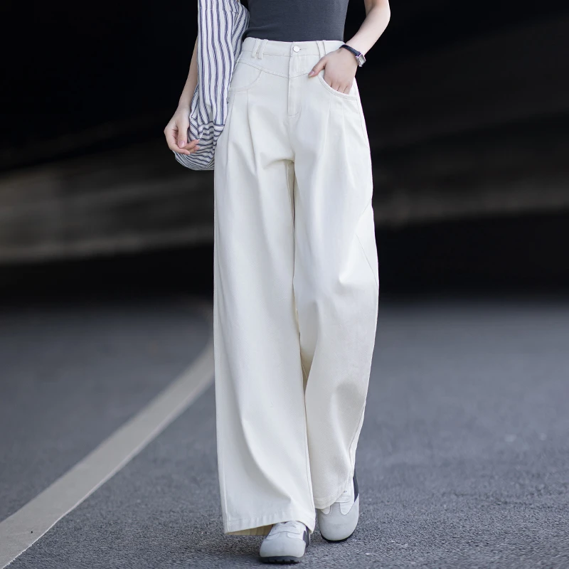 米白色牛仔裤女2025新款今年流行裤子莱赛尔高腰宽松直筒阔腿裤女
