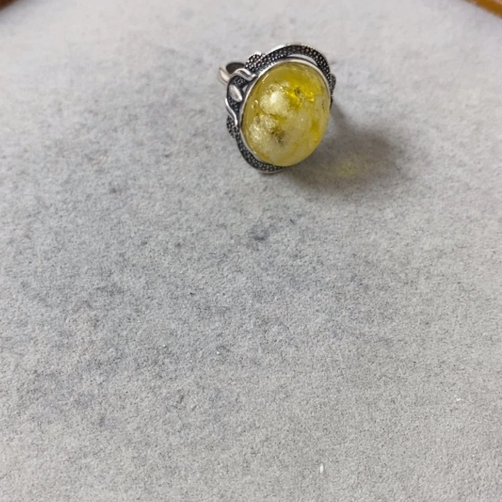 蜜蜡裸石银S925镶嵌戒指