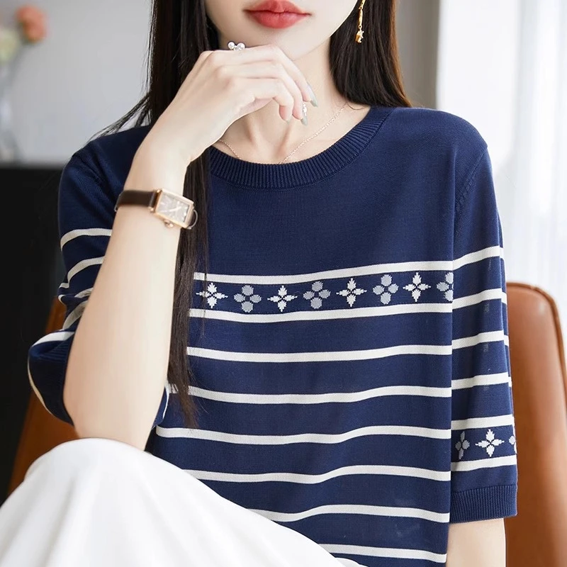 圆领针织半袖薄款毛衣夏季新款小众气质黑白条纹短袖T恤上衣