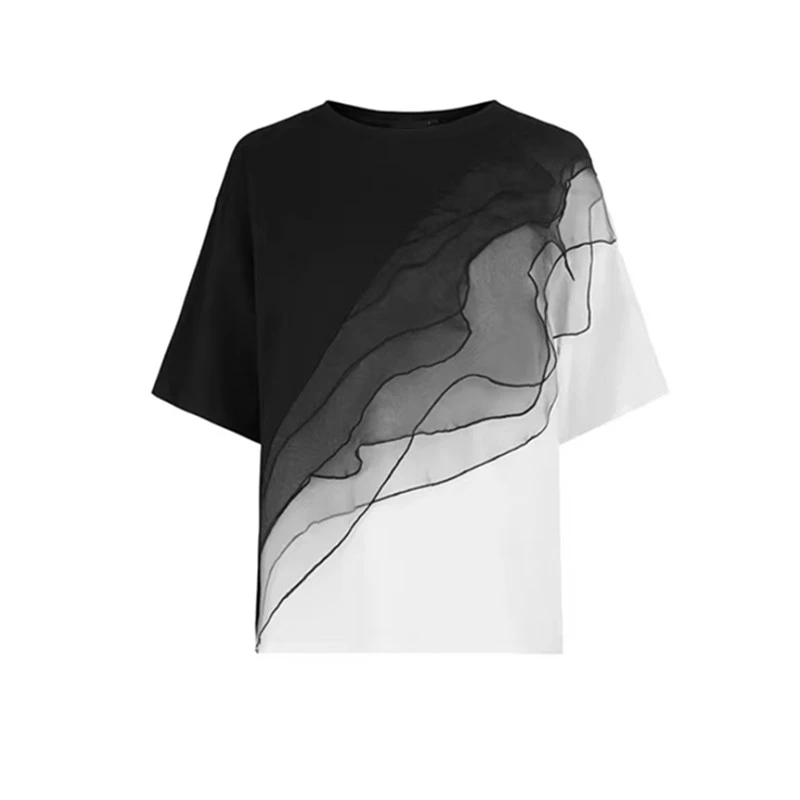 2025夏季新款显瘦简约高端气质宽松时尚拼接百搭短款圆领T恤上衣