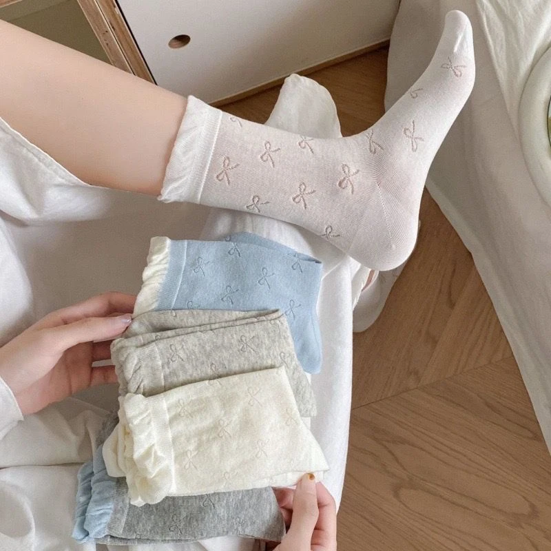 夏季轻薄款镂空蝴蝶结镂空网眼中筒袜花边百搭泡泡口堆堆袜