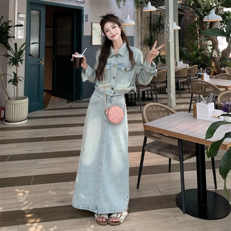 胖颖专属大码春季新款牛仔宽松牛仔外套高腰+开叉半身裙套装837