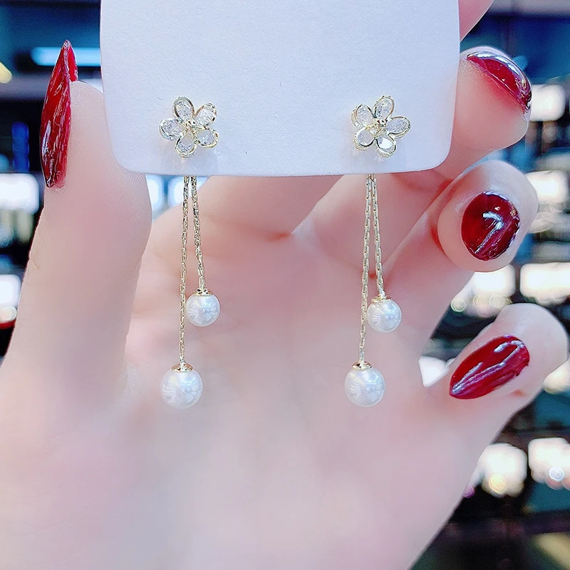 铜合金耳饰 五瓣花耳饰一款两戴耳钉时尚气质长款流苏耳环女