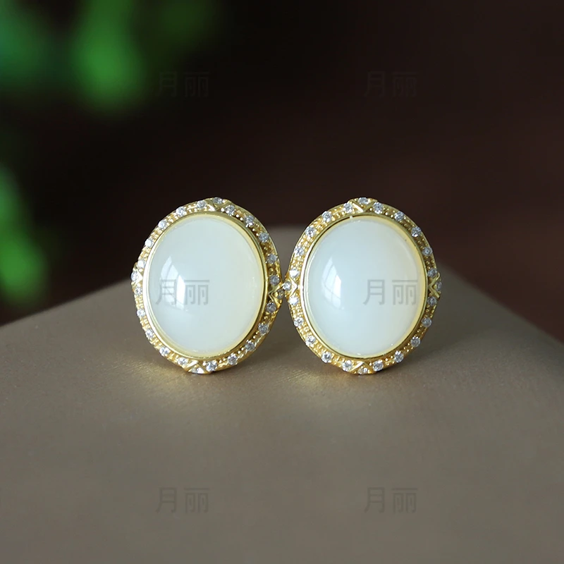 正品天然和田白玉耳钉925银女人味大牌高级感简约耳饰