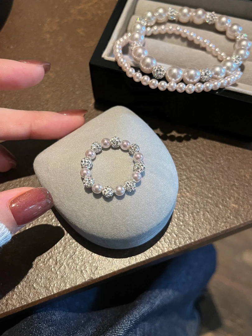 非金属仿珍珠戒指 曼塔玫瑰超闪锆石球弹力绳珍珠戒指女温柔百搭