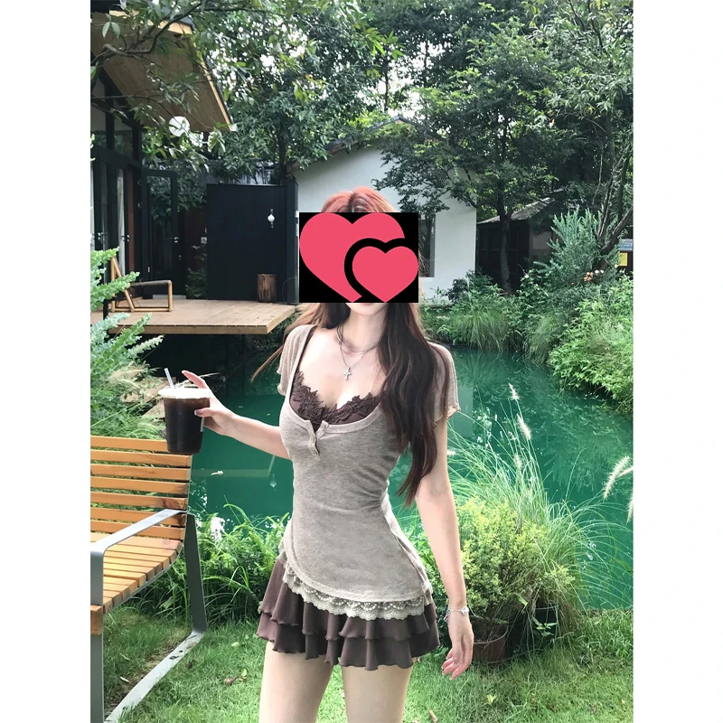 运费补贴【可可拿铁】真两件蕾连衣裙蕾丝咖啡棕女夏季收腰裙子