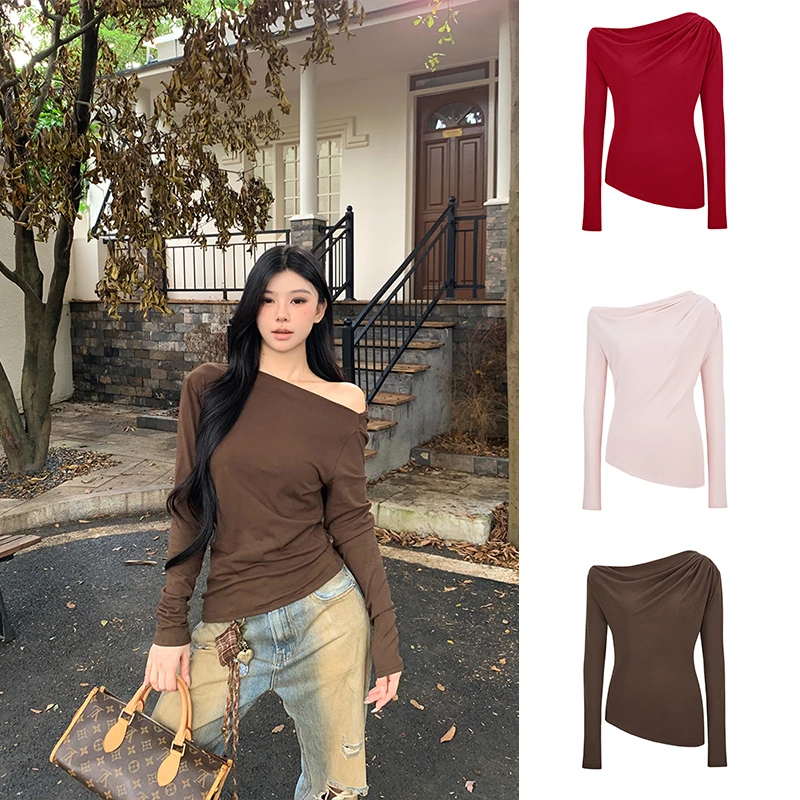 Moses Queen/魔西女王斜领一字肩修身长袖T恤秋收腰显瘦露肩上衣