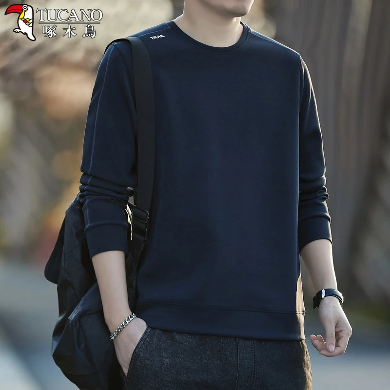 啄木鸟男士卫衣春秋季圆领套头弹力宽松大码休闲长袖T恤潮流男装