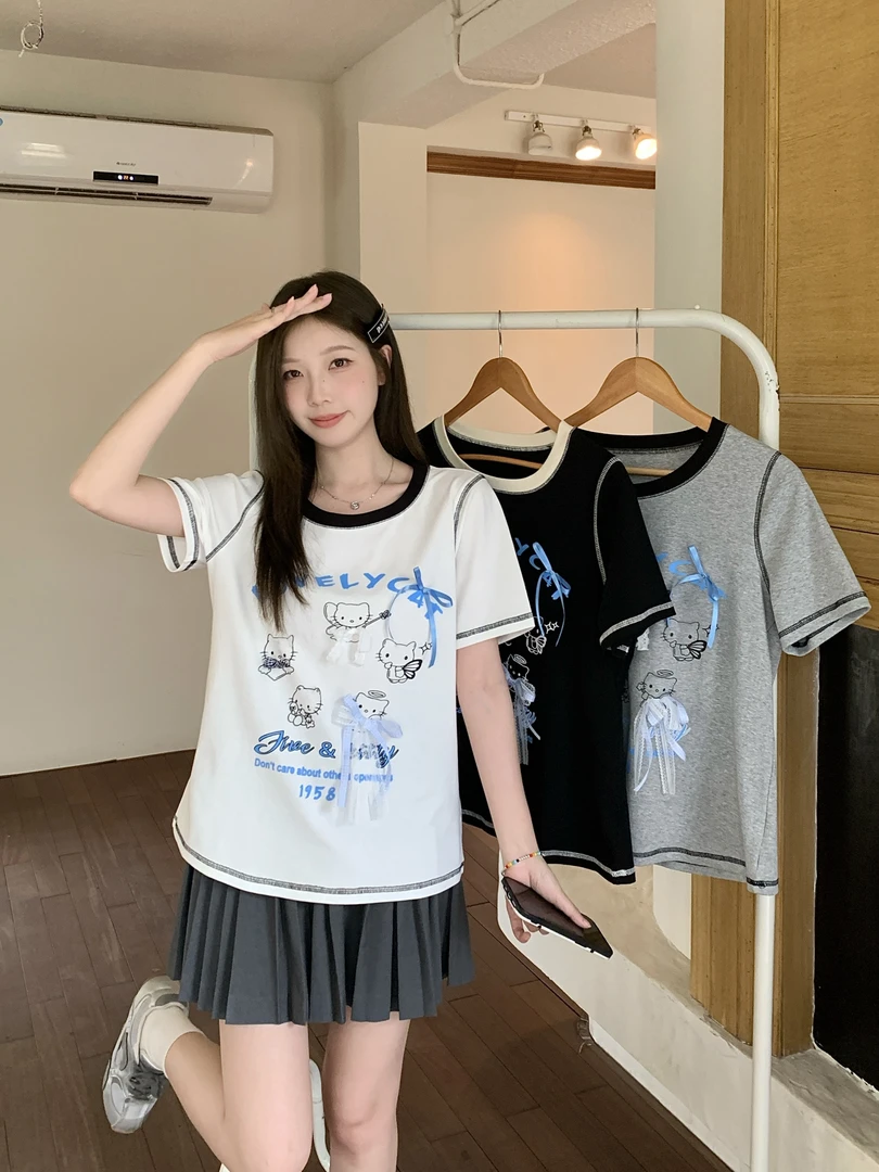 清2025夏季款胖mm大码立体蕾丝拼接蝴蝶结T恤卡通猫咪上衣女64383