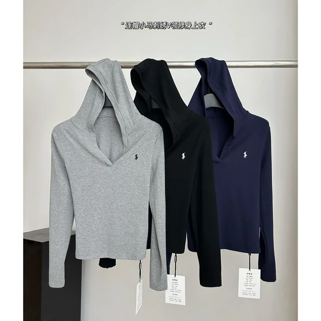 慵懒风连帽刺绣长袖T恤女初秋冬新款高级小众修身显瘦打底衫上衣