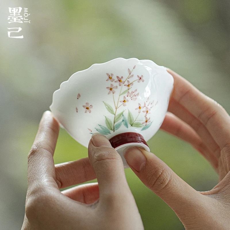 墨己朱华映春仿宋小高足花口茶杯功夫茶具家用手绘红花品茗杯单杯