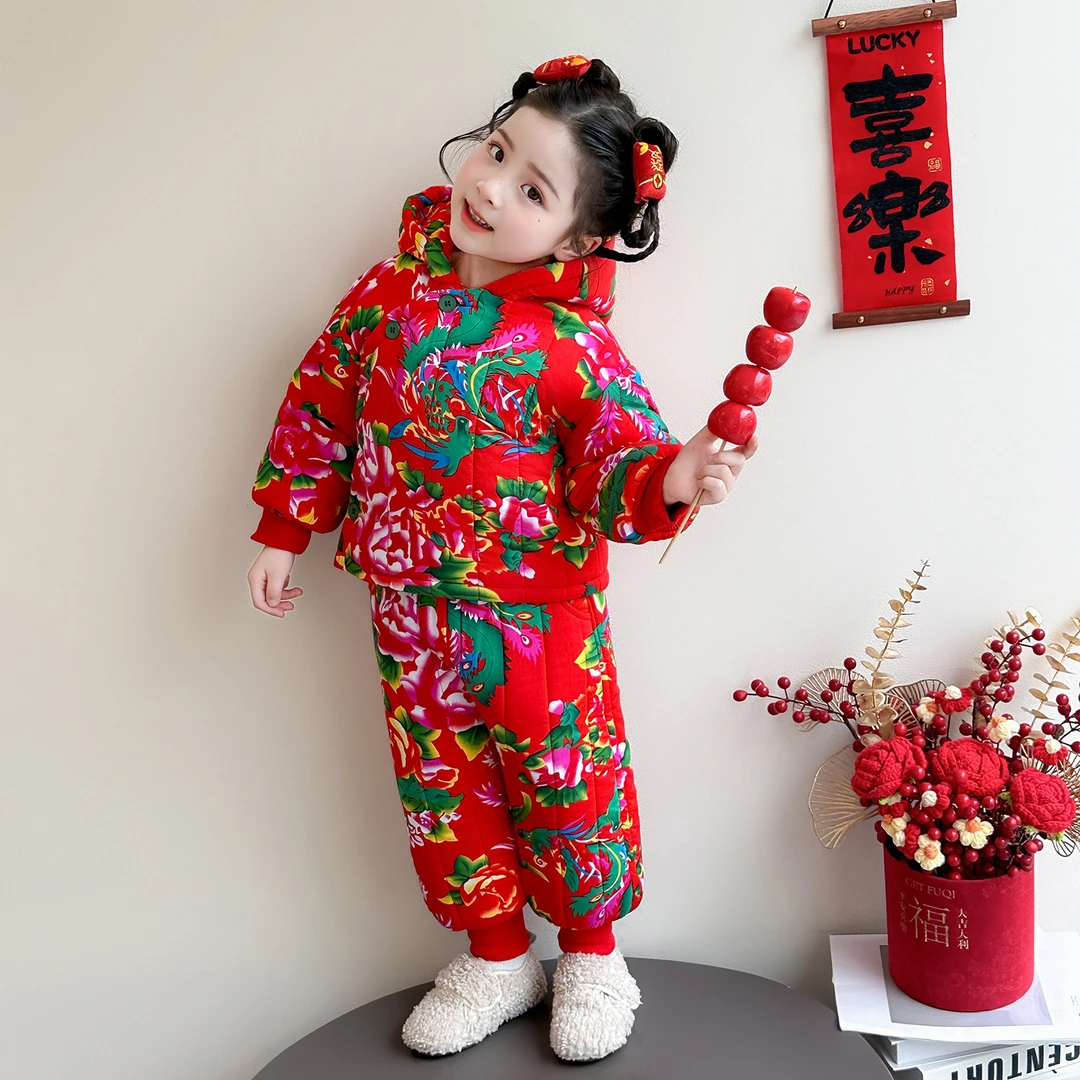 女童套装冬季新款儿童东北大花棉衣棉服棉袄加厚宝宝中国保暖套装