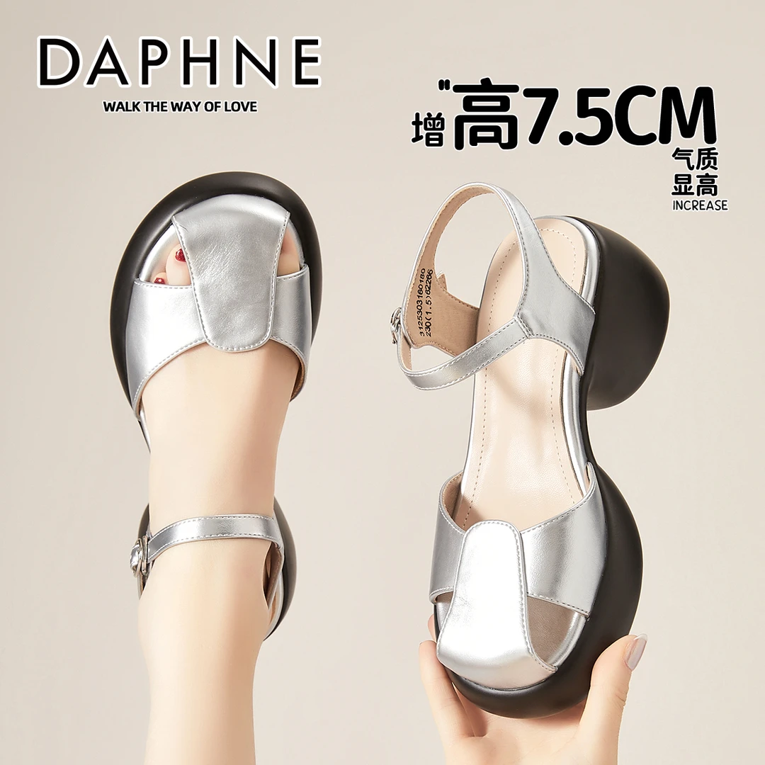 达芙妮银色包头罗马凉鞋粗跟厚底高跟鞋仙女风一字带软底夏季百搭