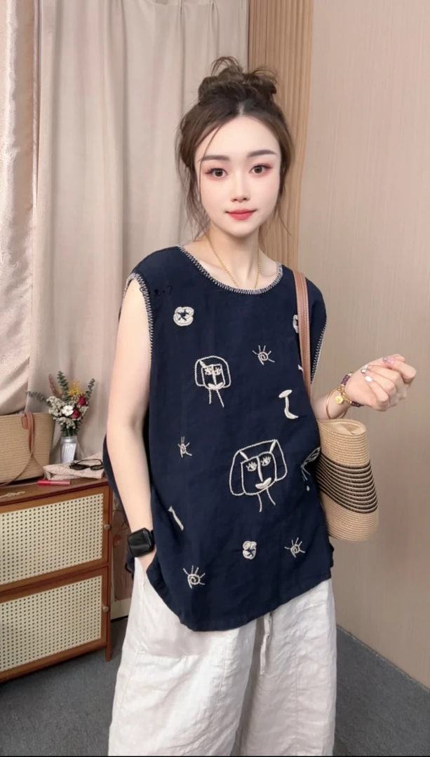 5201重工刺绣手工缝线卡通画亚麻小衫衣长65 胸围120