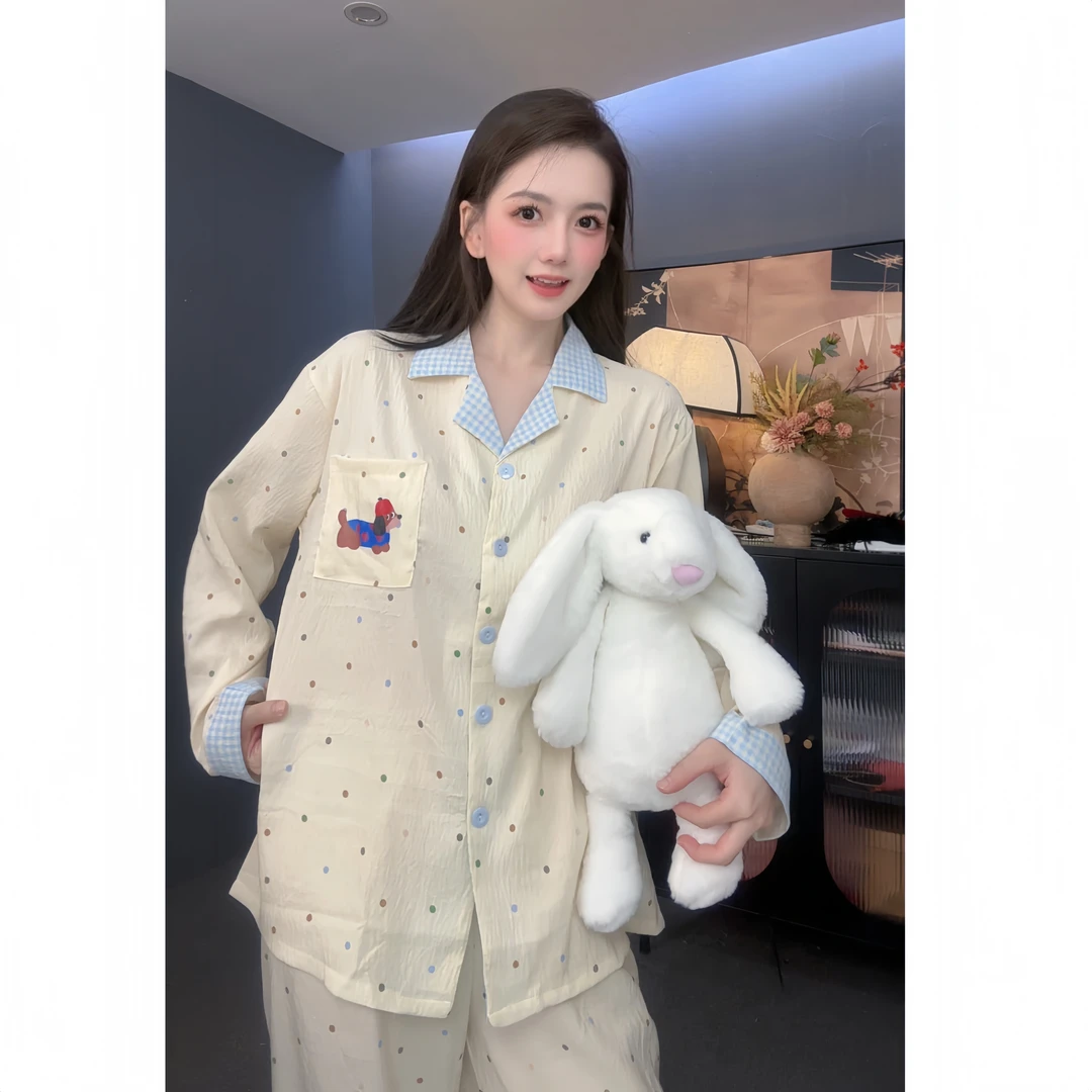 【波点腊肠狗】卡通简约长袖睡衣套装女秋季薄款两件套家居服可外穿