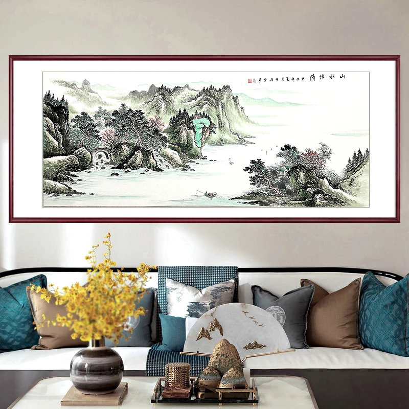 纯手绘国画山水画客厅办公室挂画水墨画大幅国画实木框山水怡情