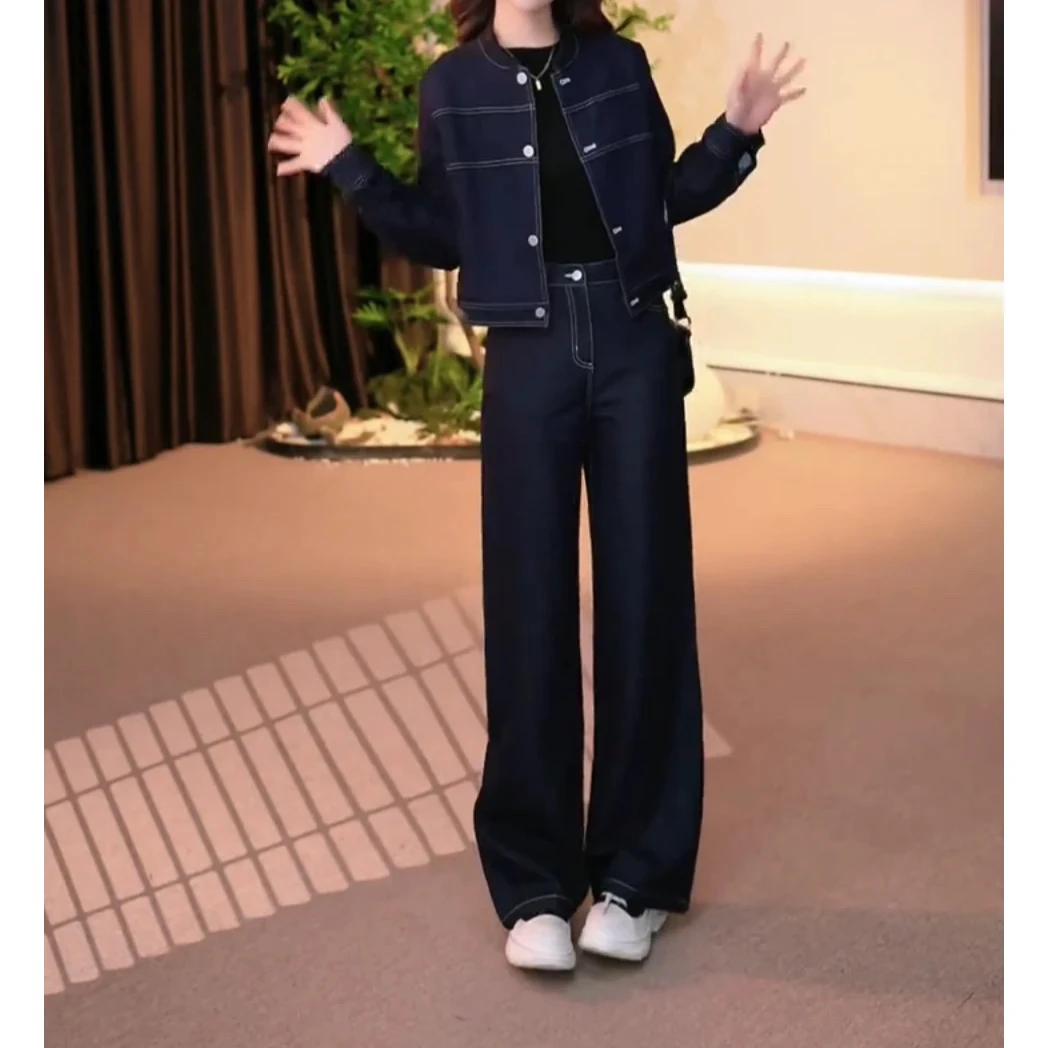 时尚套装女2025春季新款洋气减龄显瘦牛仔短外套高腰阔腿裤两件套