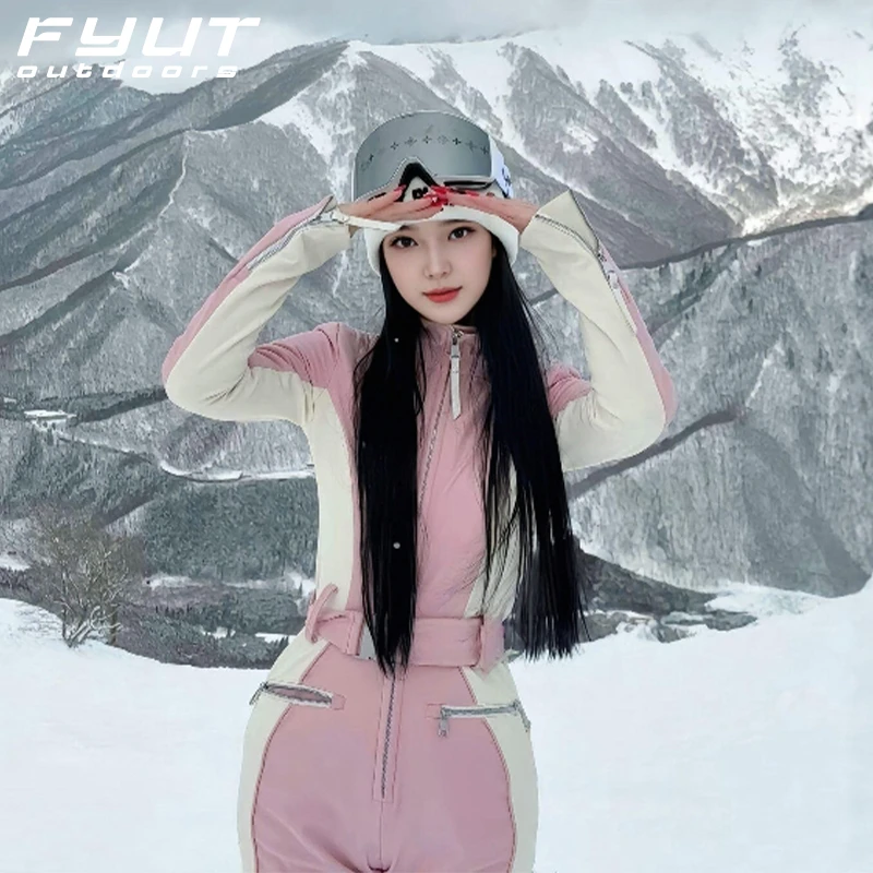 FYUT户外双板连体滑雪服女款修身显瘦2025款防风保暖粉色雪服套装