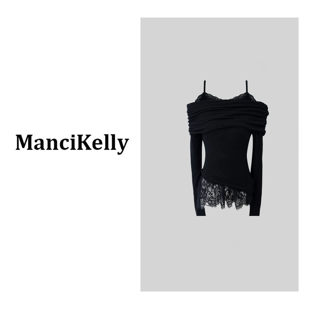 法式一字肩长袖针织衫女2024秋款蕾丝下摆拼接打底衫辣妹露肩上衣