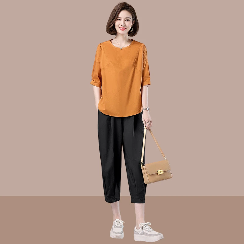 小个子妈妈休闲套装女夏季新款2025爆款洋气减龄短袖七分裤两件套