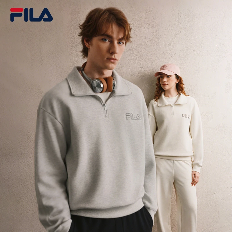 FILA斐乐半开襟男女同款卫衣2025秋季新款情侣宽松休闲翻领女上衣