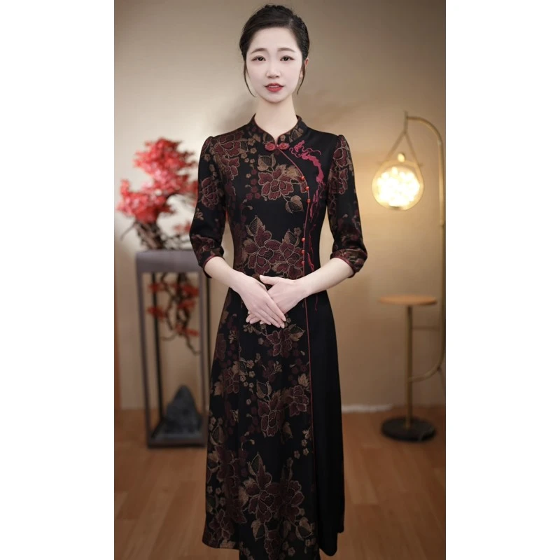 （6号色*7分袖6珠）2025春季新款中年妈妈气质印花显瘦改良旗袍