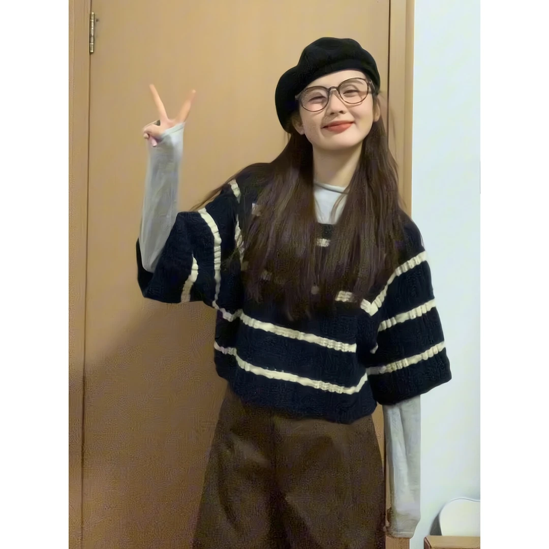 秋冬条纹短款针织衫宽松短袖毛衣内搭打底休闲裤窄版高腰阔腿裤女