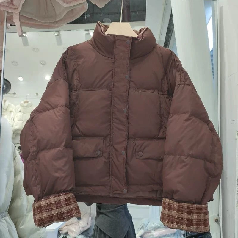 棉袄奥特莱斯立领新款连帽格子撞色秋冬加厚保时尚短款羊羔绒棉服