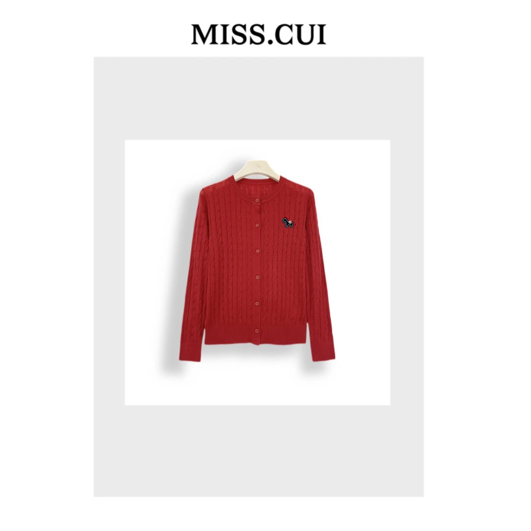 MISS.CUI 极简风穿搭 复古开衫小马刺绣麻花圆领长袖毛针织衫955