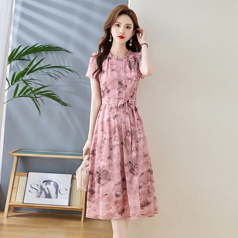 【直播爆款】桑蚕丝长款通勤连衣裙夏季新款木耳边印花裙子气质长裙